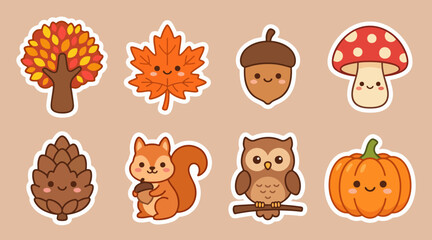 Obraz premium Cute autumn themed sticker set featuring various woodland animals and seasonal plants in flat vector design