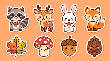 Obraz premium Cute woodland animal stickers vector illustration featuring forest creatures and autumn elements in vibrant flat design