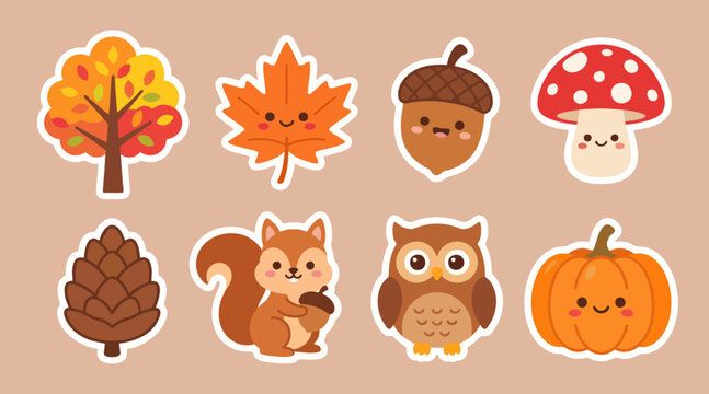 Autumn themed vector graphic sticker set featuring cute woodland animals and seasonal plants with joyful faces