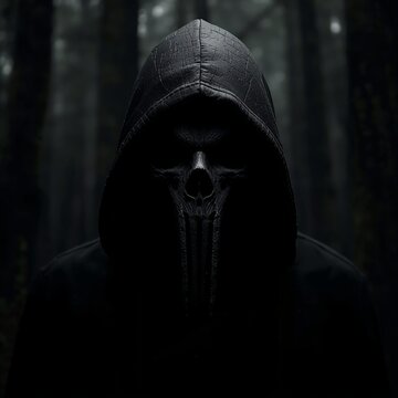 Hacker security threat concept with skull mask dark hooded attacker representing cyber crime attack, ransomware protection, identity theft risk, and network safety
