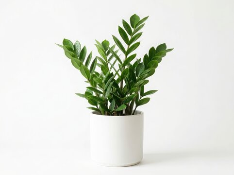 Green zamioculcas plant in a modern white pot isolated on white background
