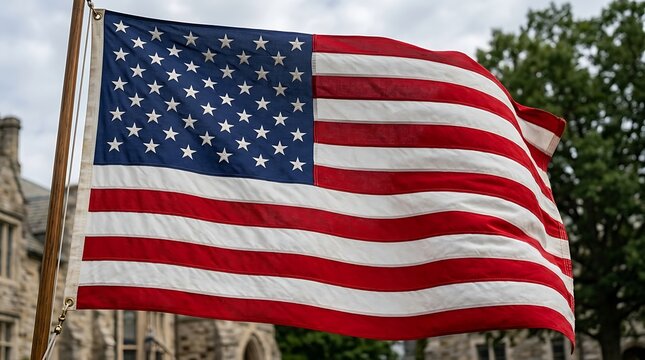 American flag waving in the wind outdoors against a blurred building background