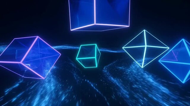 Abstract background with glowing neon geometric shapes floating over a dark digital landscape.