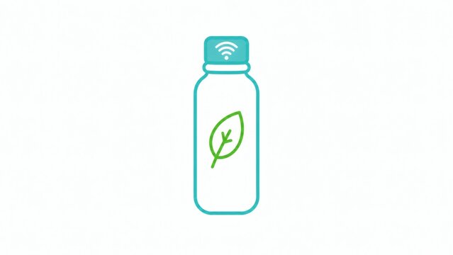 Flat vector illustration of eco-friendly smart water bottle with leaf and WiFi symbol