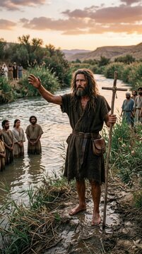 Saint John Baptist: sacred preacher, wooden cross, river baptism, ascetic prophet, ancient wilderness, divine message, holy water, muddy bank, tunic garment, gather follower.