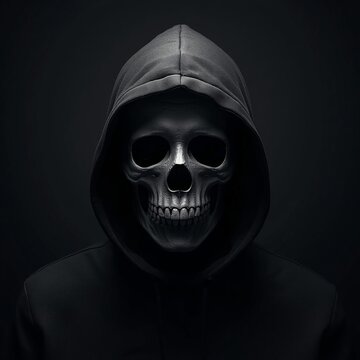 Dark and mysterious hooded figure with skull mask concept with horror aesthetic, representing evil, danger, fear, mystery, security threat, gothic atmosphere, and supernatural terror for Halloween pro