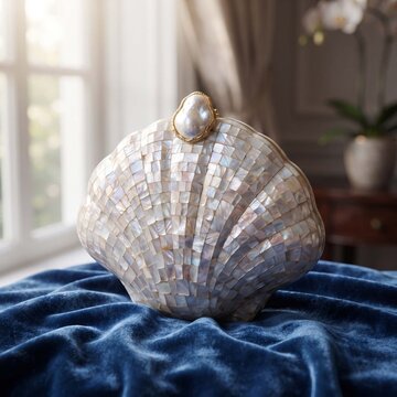 Описание (до 180 символов)
EN: Elegant evening clutch shaped like a seashell with iridescent mother-of-pearl mosaic tiles and a baroque pearl clasp on velvet near a sunlit window. Luxury style.