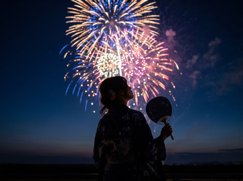 花火大会で大輪の花火を見上げる浴衣姿の女性