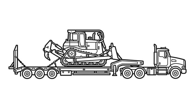 Heavy duty truck hauling crawler dozer on flatbed trailer