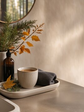 Cozy autumn morning routine with coffee cup and towel. Spa or bathroom setting with soap dispenser and fall leaves. Copy space for text