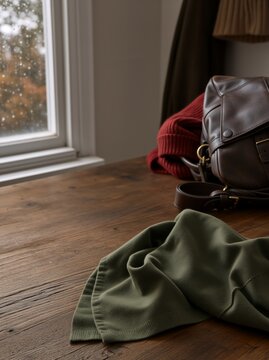 Cozy autumn apparel on a wooden table by a rainy window. Olive green sweater and brown leather bag on a moody fall day. Copy space for text