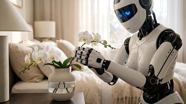 A futuristic humanoid robot with glowing blue eyes carefully tends to a delicate white orchid in a vase, set against a soft, neutral-toned bedroom backdrop.