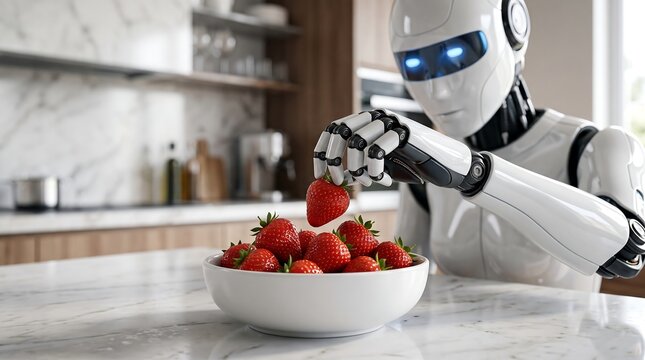 A futuristic white robot with glowing blue eyes carefully picks a ripe strawberry from a bowl in a modern kitchen.