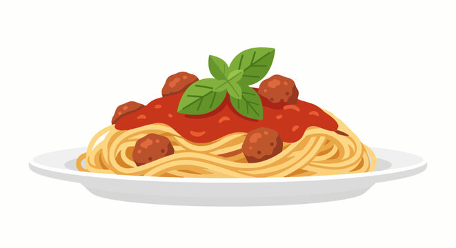 Delicious spaghetti pasta with meatballs and tomato sauce flat vector illustration