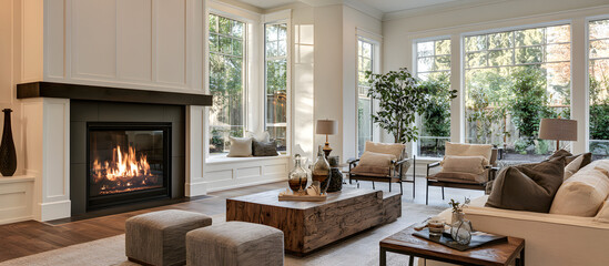 Obraz premium Modern, elegant, and luxurious interior design creates a warm and bright living room ambiance with a fireplace, wood furniture, and ample seating space. There is copyspace for text