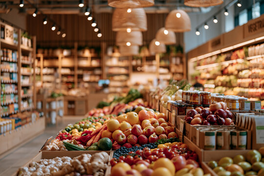 A vibrant indoor produce market displays an abundance of fresh fruits and vegetables arranged neatly in wooden crates under warm ambient hanging lights