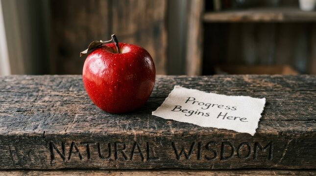 Vibrant red apple rests on a rustic weathered wooden beam featuring a carved natural wisdom sign and an inspirational note stating progress begins here perfect for educational and health themes today.