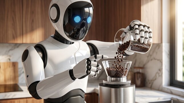 A futuristic white robot with glowing blue eyes meticulously prepares coffee by pouring beans into a pour-over filter in a modern kitchen.