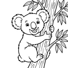 Friendly koala climbing a tree with leaves coloring page for kids featuring a cute animal character simple line for children