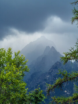Misty Mountain Peaks Framed by Green Trees Under Dark Storm Clouds and Moody Fog