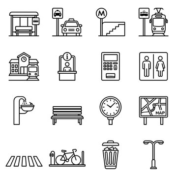 Sixteen black and white line for urban transport and city infrastructure featuring bus stops, taxi signs, and public facilities