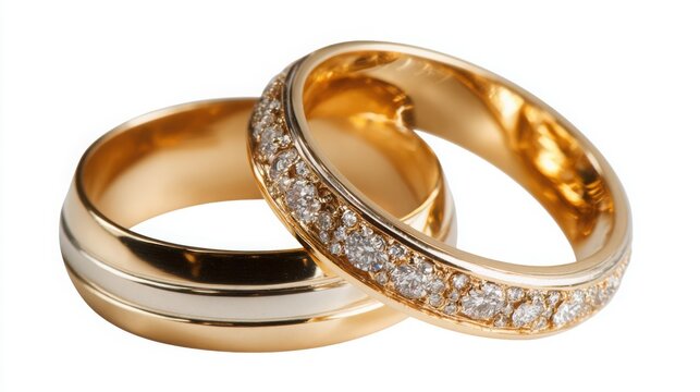 Two gold wedding rings with diamond details isolated on white background close-up macro shot
