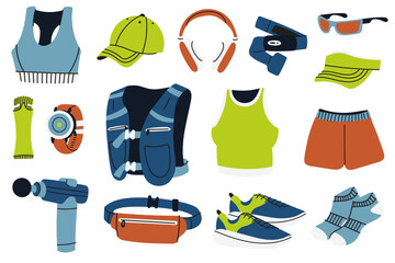 Fototapeta premium Running equipment collection with sportswear, running shoes, hydration vest, smartwatch, headphones, sunglasses, waist bag and fitness accessories.Flat vector illustration isolated on white background