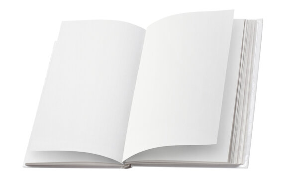 Open blank book mockup with empty pages, isolated on transparent cutout background