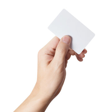 Blank white card held in hand, isolated on transparent cutout background