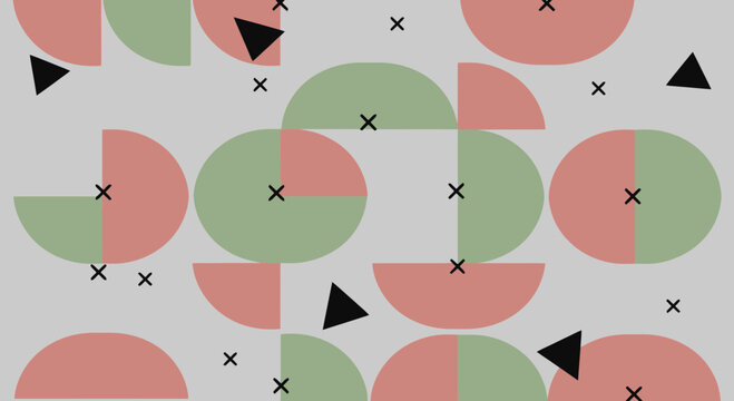 Abstract geometric pattern with semi-circles, quarter circles, and small black crosses on a light gray background.
