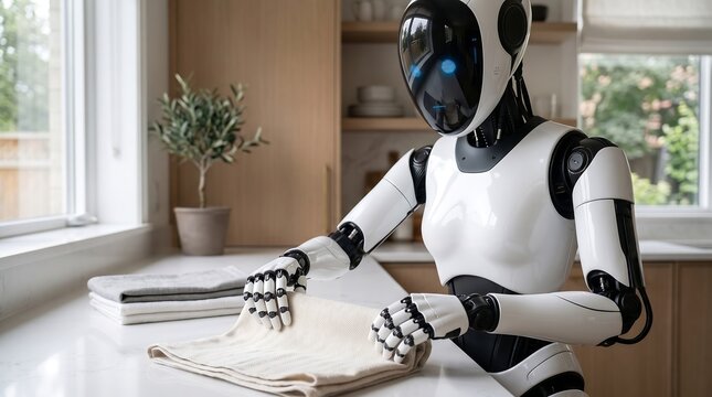 Humanoid robot with black and white plating folding laundry on a clean kitchen counter next to a window in a modern home.