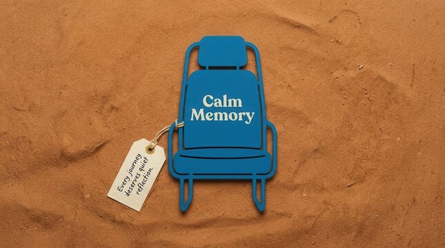 Blue chair cutout labeled Calm Memory rests on brown sand with a small tag attached that says every journey deserves quiet reflection providing a concept of travel nostalgia and peaceful mind moments.