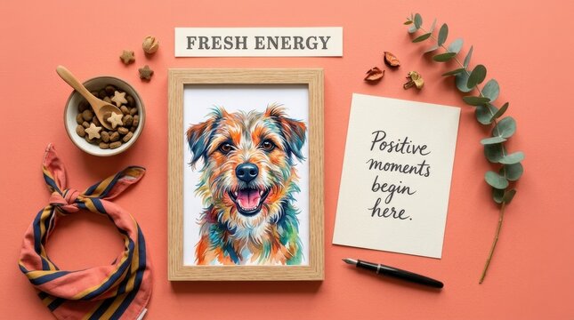 Colorful watercolor dog portrait in a wooden frame surrounded by pet accessories, motivational notes, and snacks on peach background, representing a creative lifestyle and artistic pet care for
