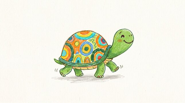 Cute watercolor illustration of a walking green turtle with a colorful patterned shell on white