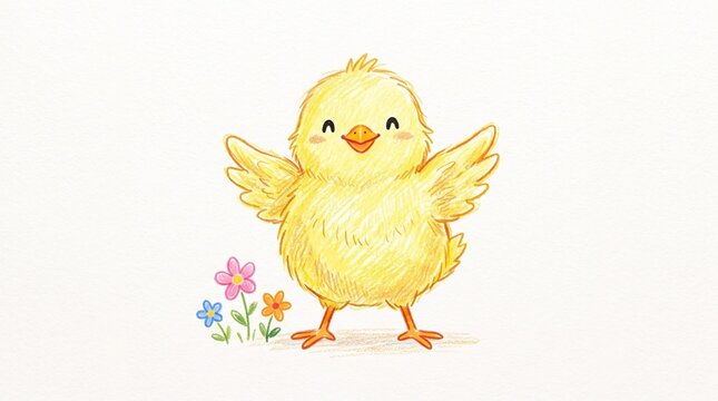 Cute little yellow chick with open wings standing next to colorful flowers in a sweet watercolor drawing style