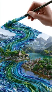 Artist creates a vibrant landscape with a river flowing through mountains and villages using a brush on canvas