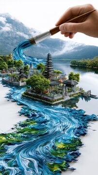 Creative hand painting a colorful river scene in a landscape with a temple and mountains in the background