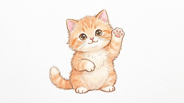 Cute ginger kitten waving paw hello watercolor illustration isolated on white background