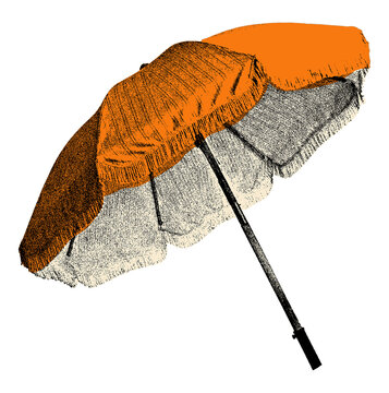 Vintage Halftone yellow beach umbrella, for Summer card and scrapbook design, isolated on transparent background.
