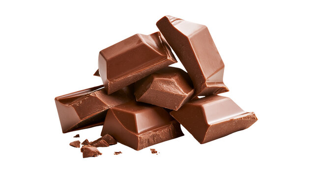 Broken milk chocolate pieces stacked heap