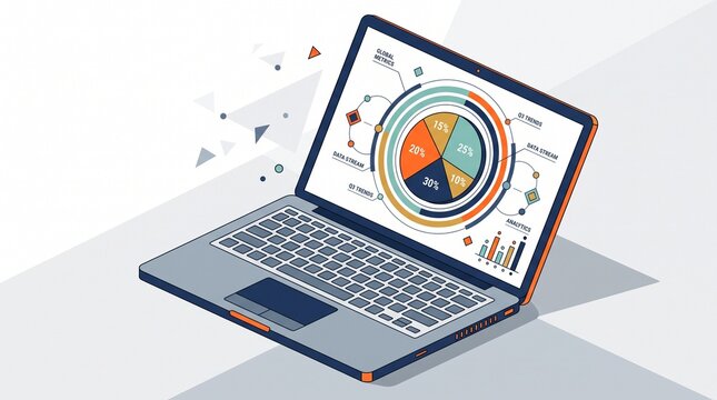Laptop computer displaying circular pie charts and data analytics dashboard with colorful segments on a clean white background screen