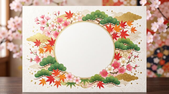 和風デザインの豪華な花輪フレーム背景（コピースペース、桜、紅葉、松、梅、金箔）