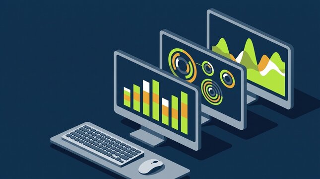 Three computer monitors displaying various data visualizations including bar charts, circular diagrams, and line graphs on a dark background