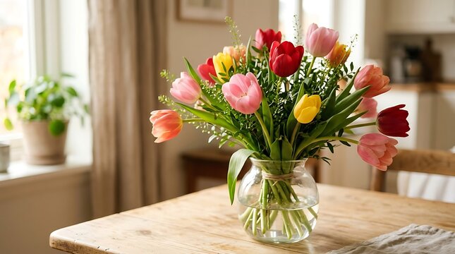 Bouquet of spring tulips in a clear glass vase on a wooden table with colorful