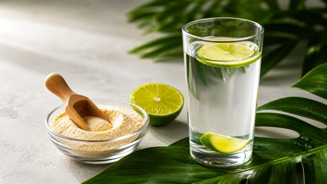 Supplement powder with lime water and tropical leaves on marble surface