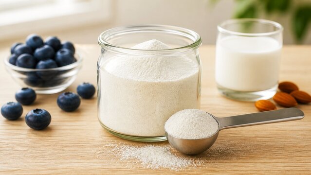 White supplement powder with blueberries, almonds and milk on wooden table