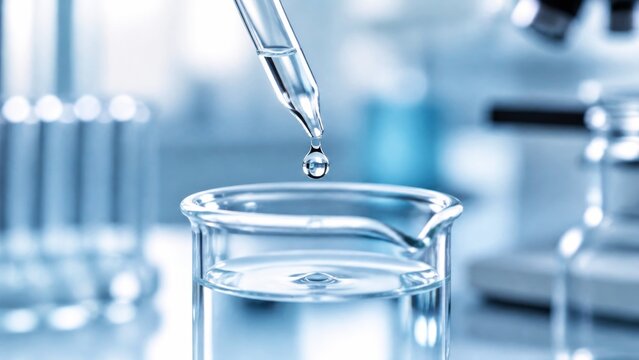 Pipette dropping clear liquid into beaker in modern laboratory