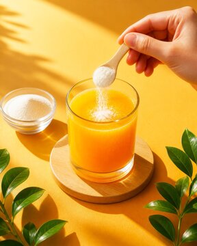 Hand adding white supplement powder to orange drink in warm sunlight