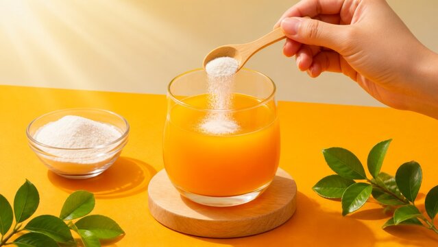 Hand stirring white supplement powder into orange beverage on yellow background