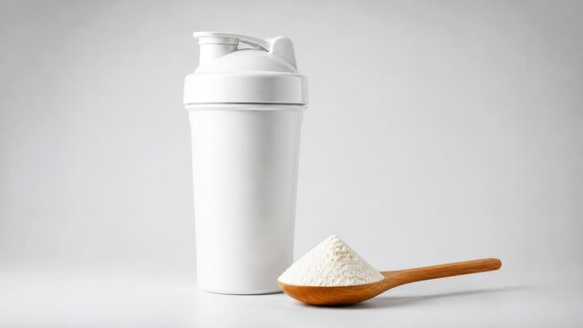 White shaker bottle beside scoop of supplement powder on clean background